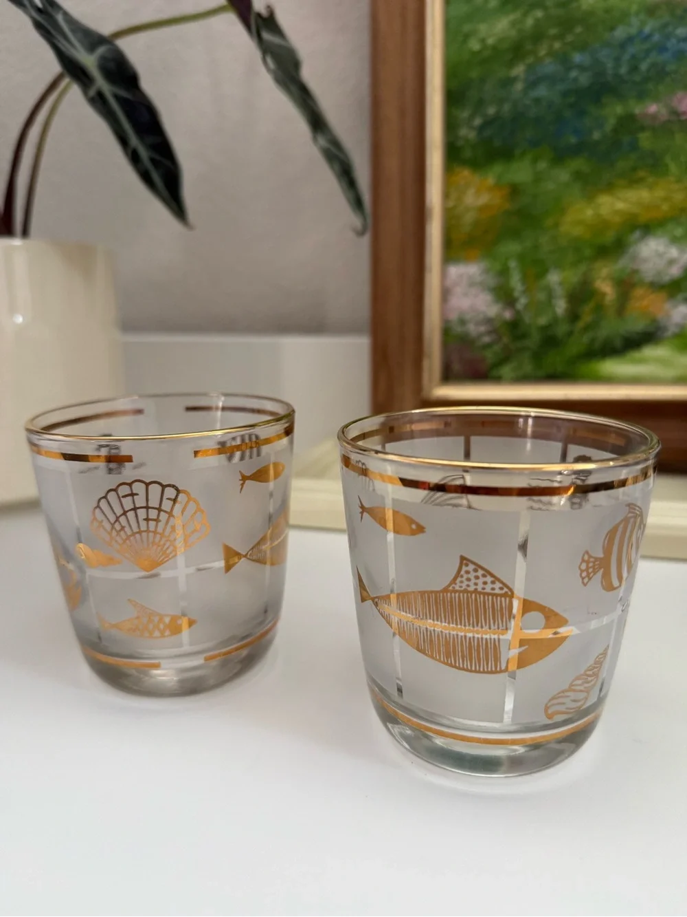 Vintage Libbey Gold Fish and Seashell Glass Tumblers